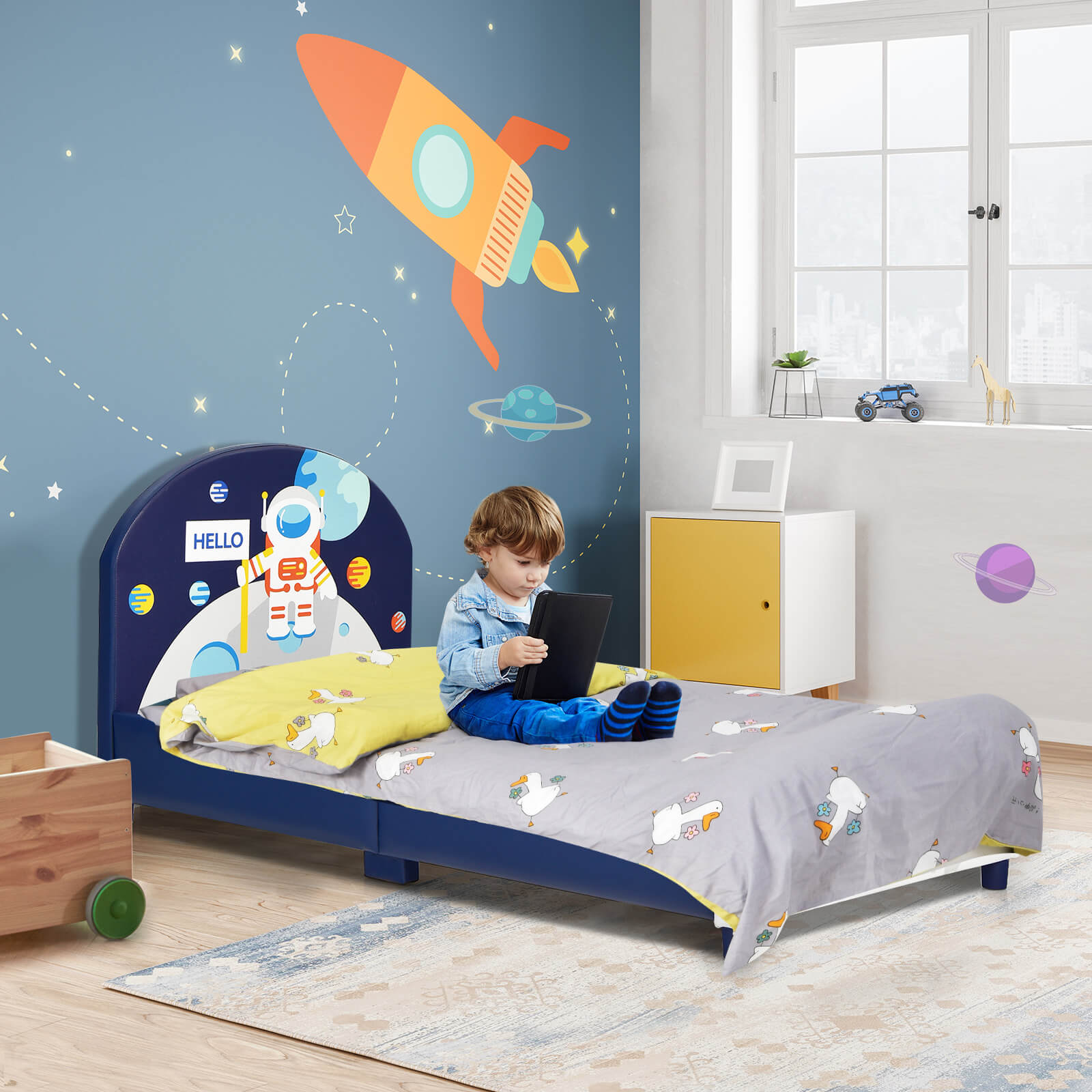 Kids Upholstered Platform Bed with Headboard and Footboard, Dark Blue Toddler Beds   at Gallery Canada