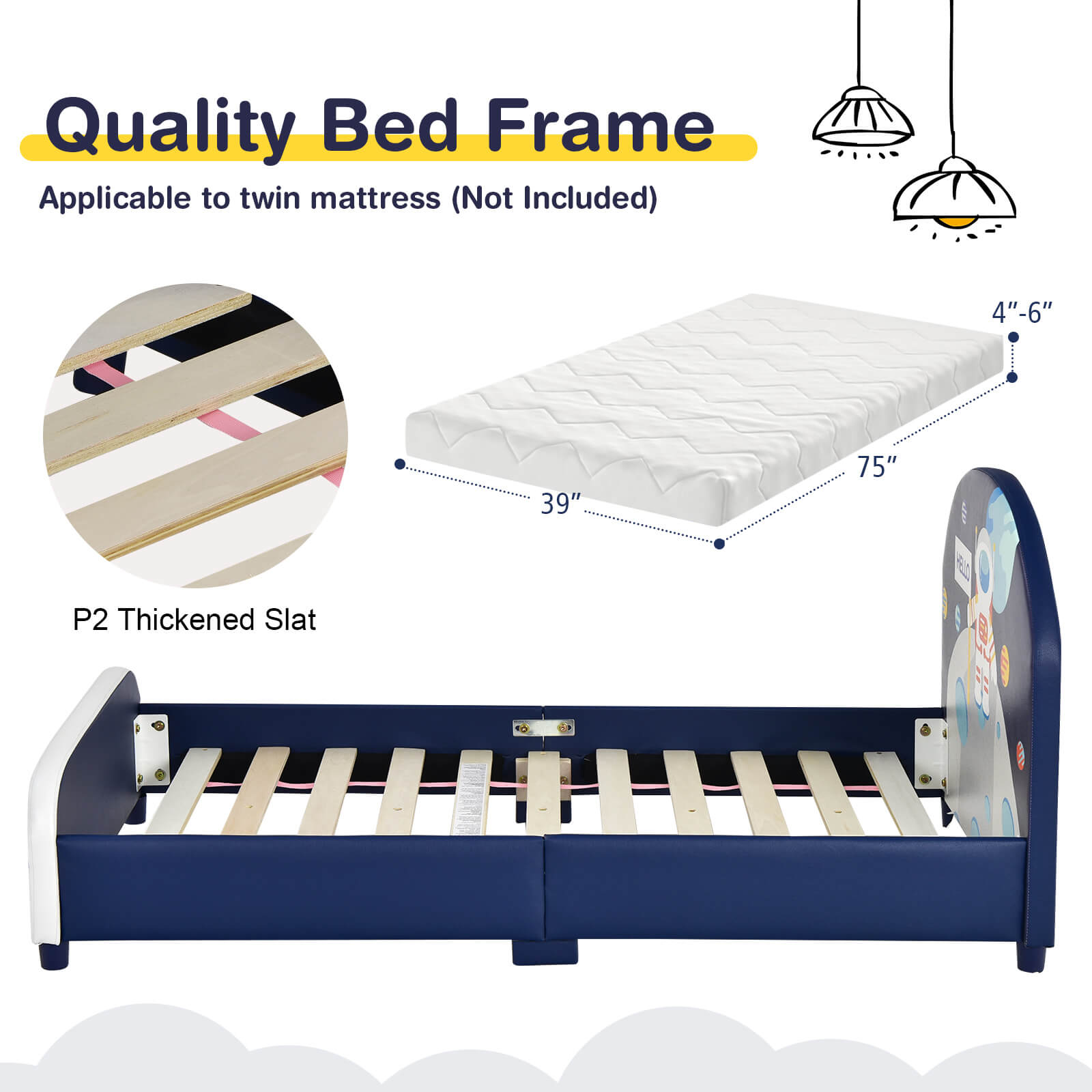 Kids Upholstered Platform Bed with Headboard and Footboard, Dark Blue Toddler Beds   at Gallery Canada