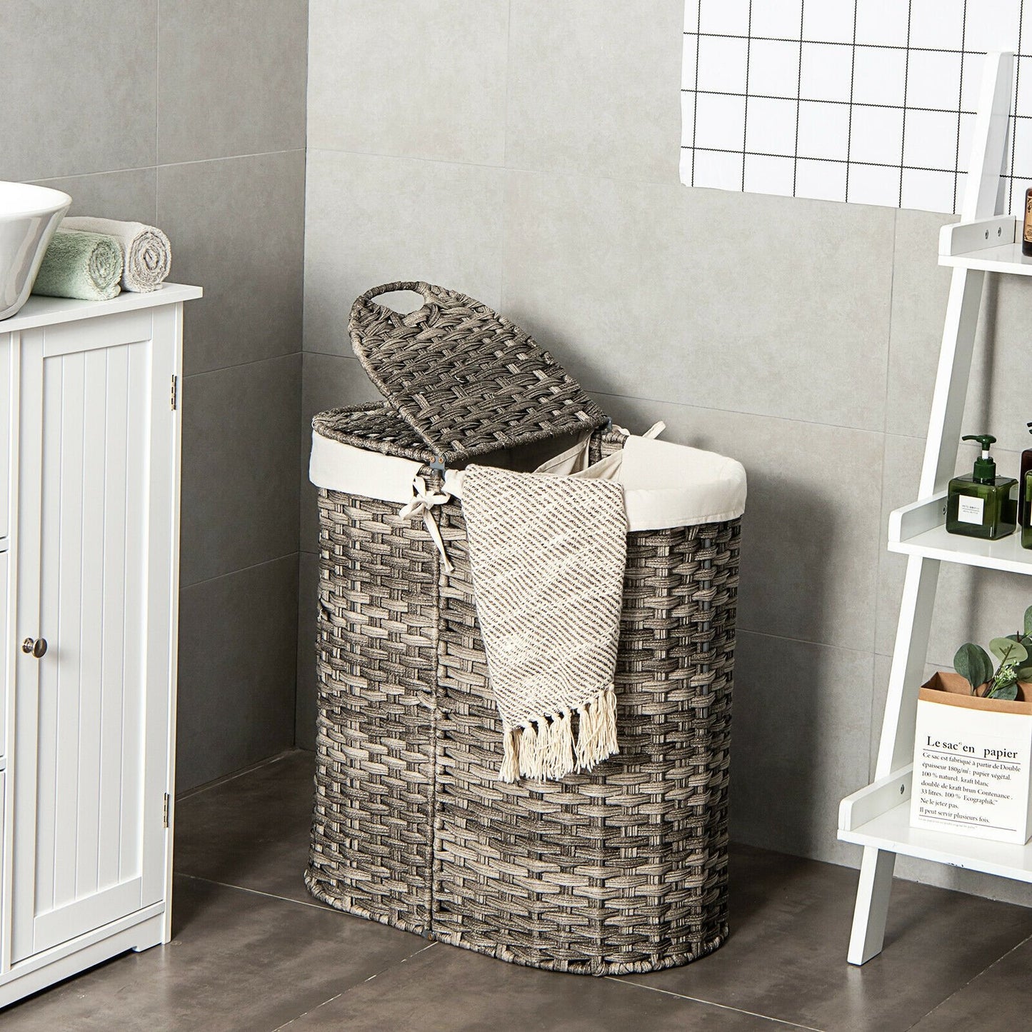 Handwoven Laundry Hamper Basket with 2 Removable Liner Bags, Gray Laundry Baskets   at Gallery Canada