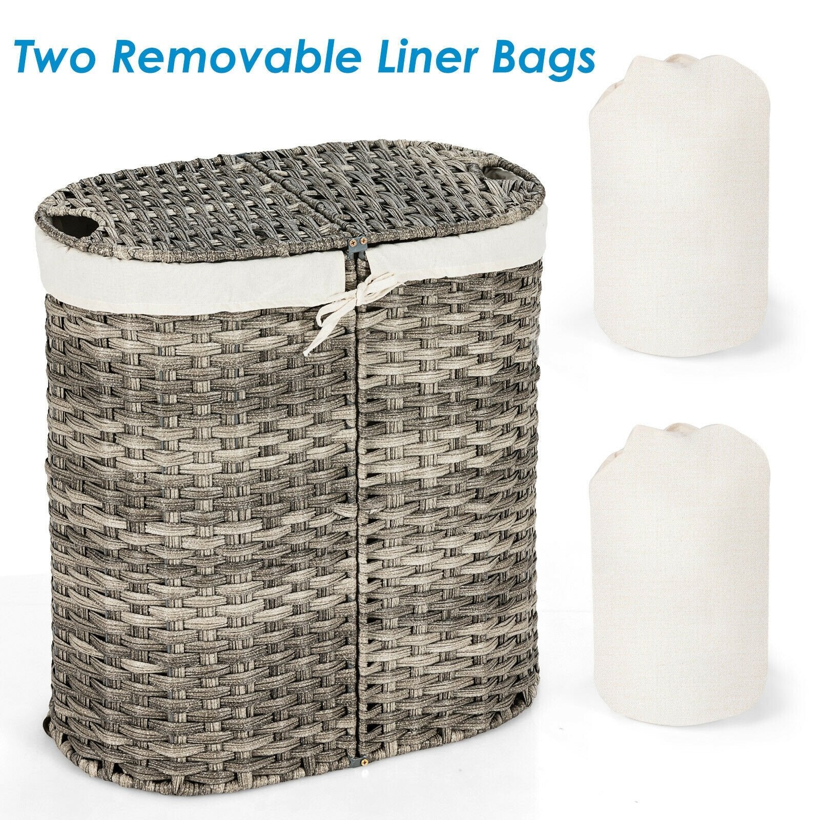 Handwoven Laundry Hamper Basket with 2 Removable Liner Bags, Gray Laundry Baskets   at Gallery Canada