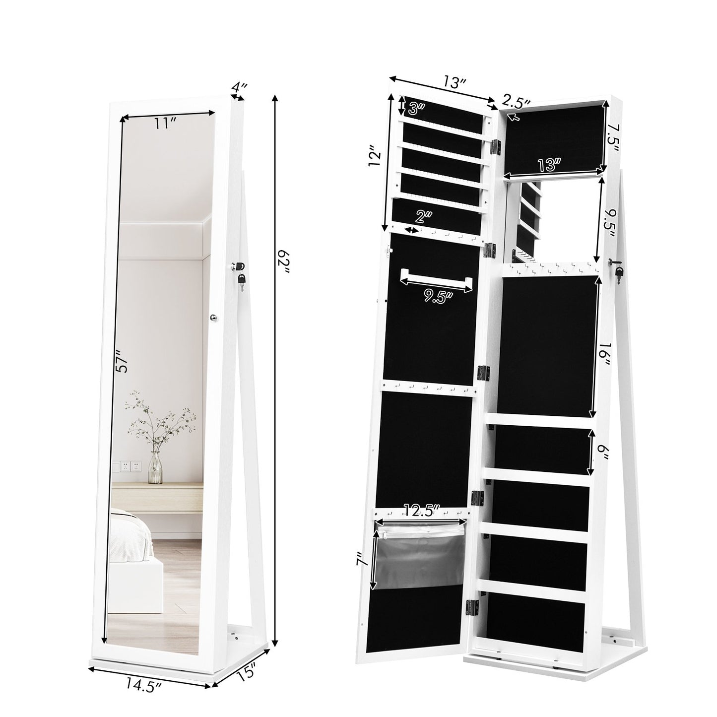 Lockable Freestanding Jewelry Armoire with Full Length Mirror, White - Gallery Canada