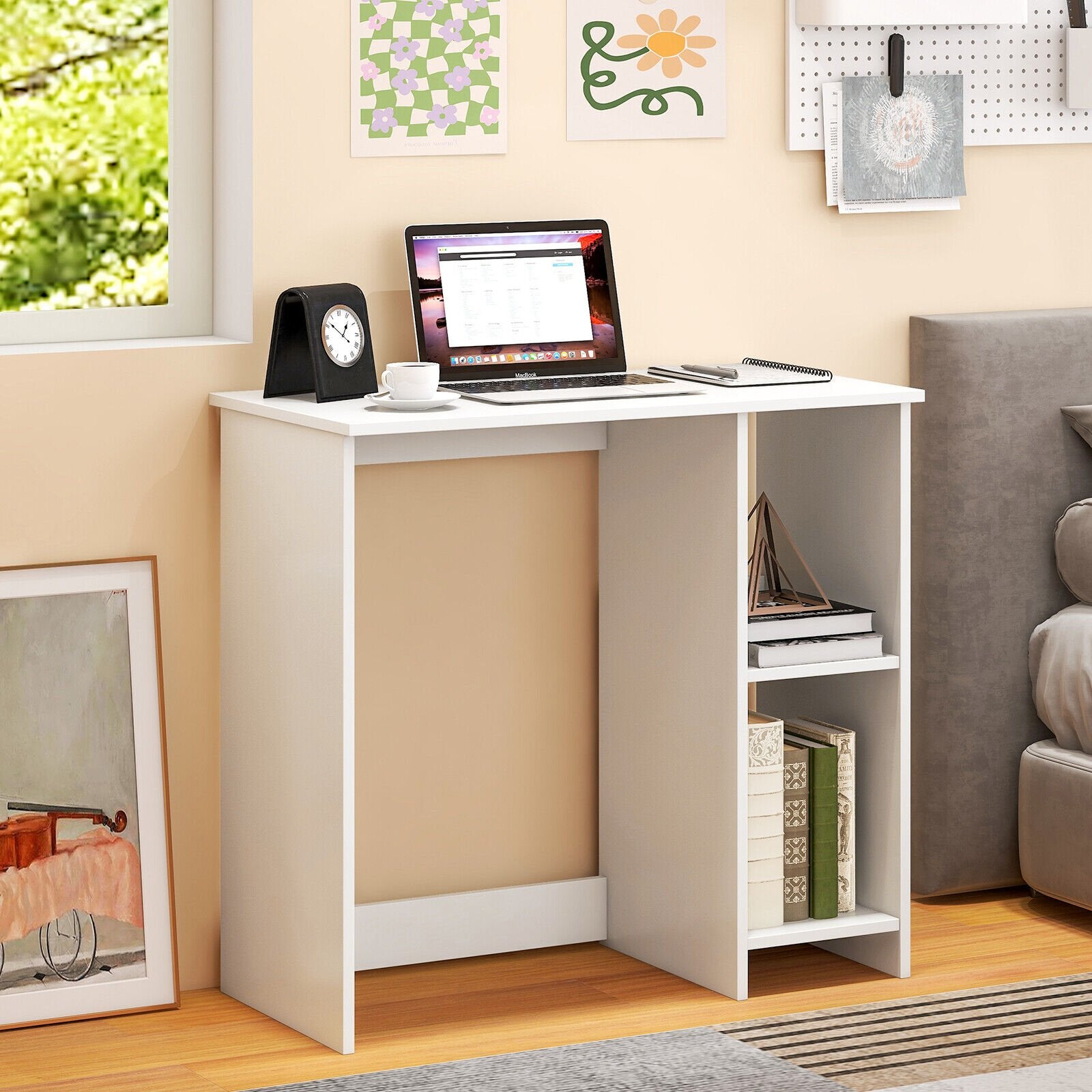 31.5 Inch  Modern Home Office Desk with 2 Compartments, White Writing Desks   at Gallery Canada