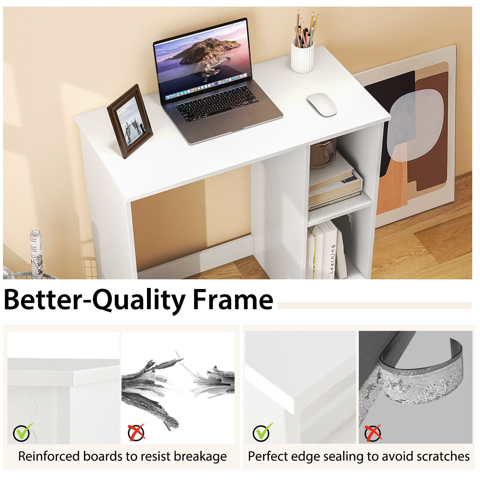 31.5 Inch  Modern Home Office Desk with 2 Compartments, White Writing Desks   at Gallery Canada