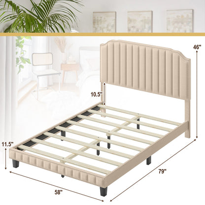 Heavy Duty Upholstered Bed Frame with Rivet Headboard-Full Size, Beige - Gallery Canada