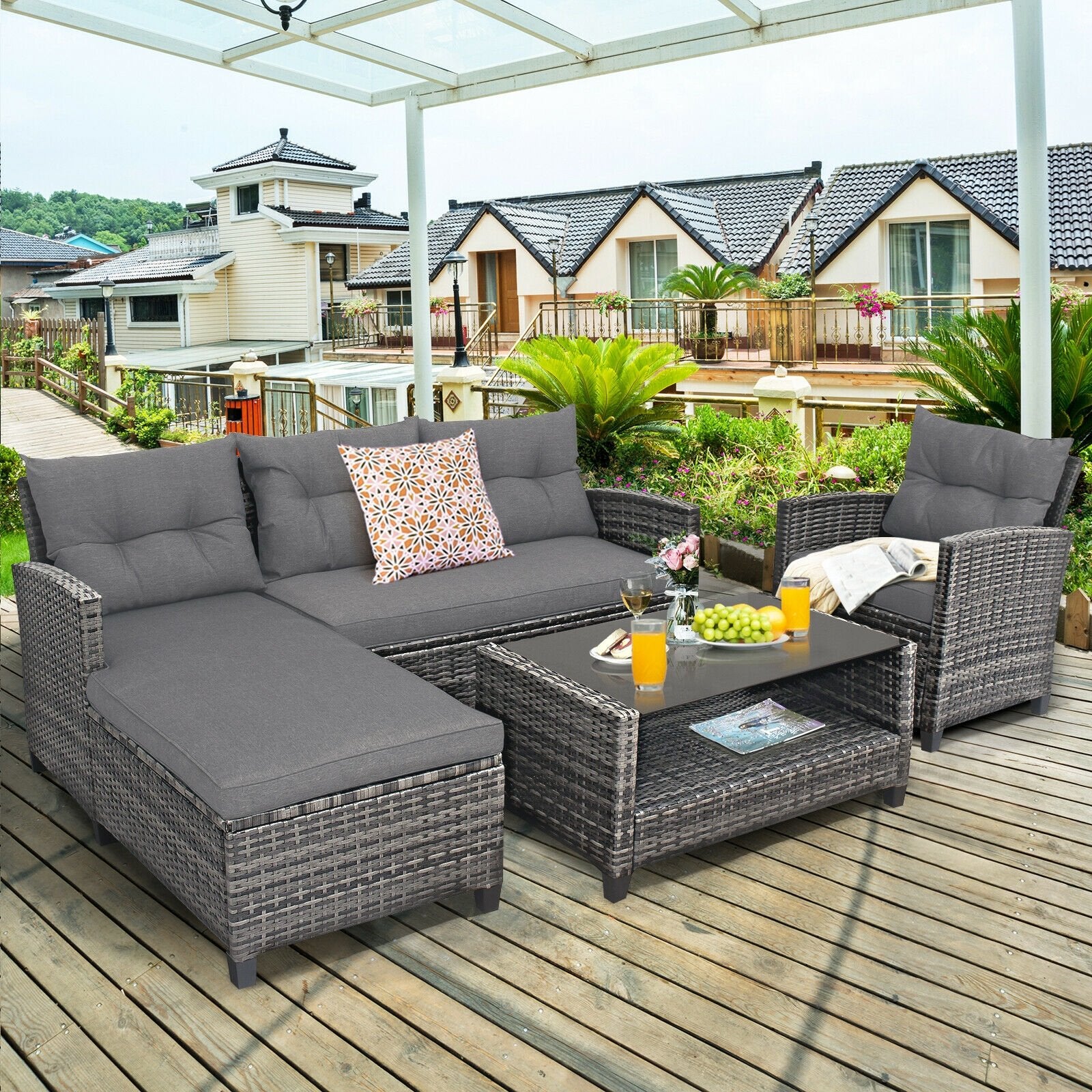 4 Pieces Patio Rattan Furniture Set with Cushion and Table Shelf, Gray Outdoor Sectionals   at Gallery Canada