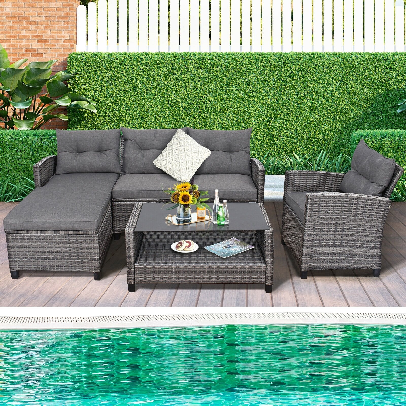 4 Pieces Patio Rattan Furniture Set with Cushion and Table Shelf, Gray Outdoor Sectionals   at Gallery Canada