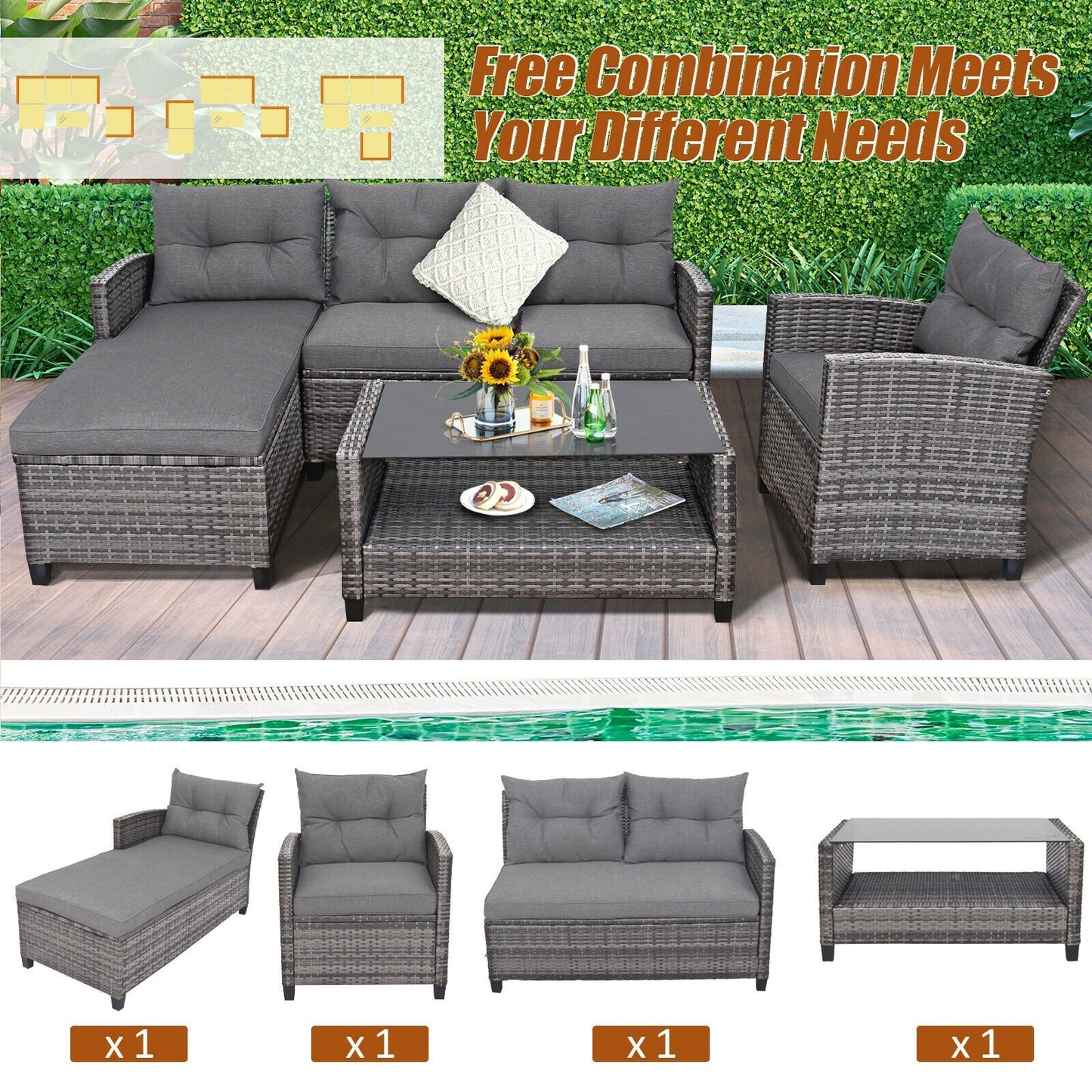 4 Pieces Patio Rattan Furniture Set with Cushion and Table Shelf, Gray - Gallery Canada