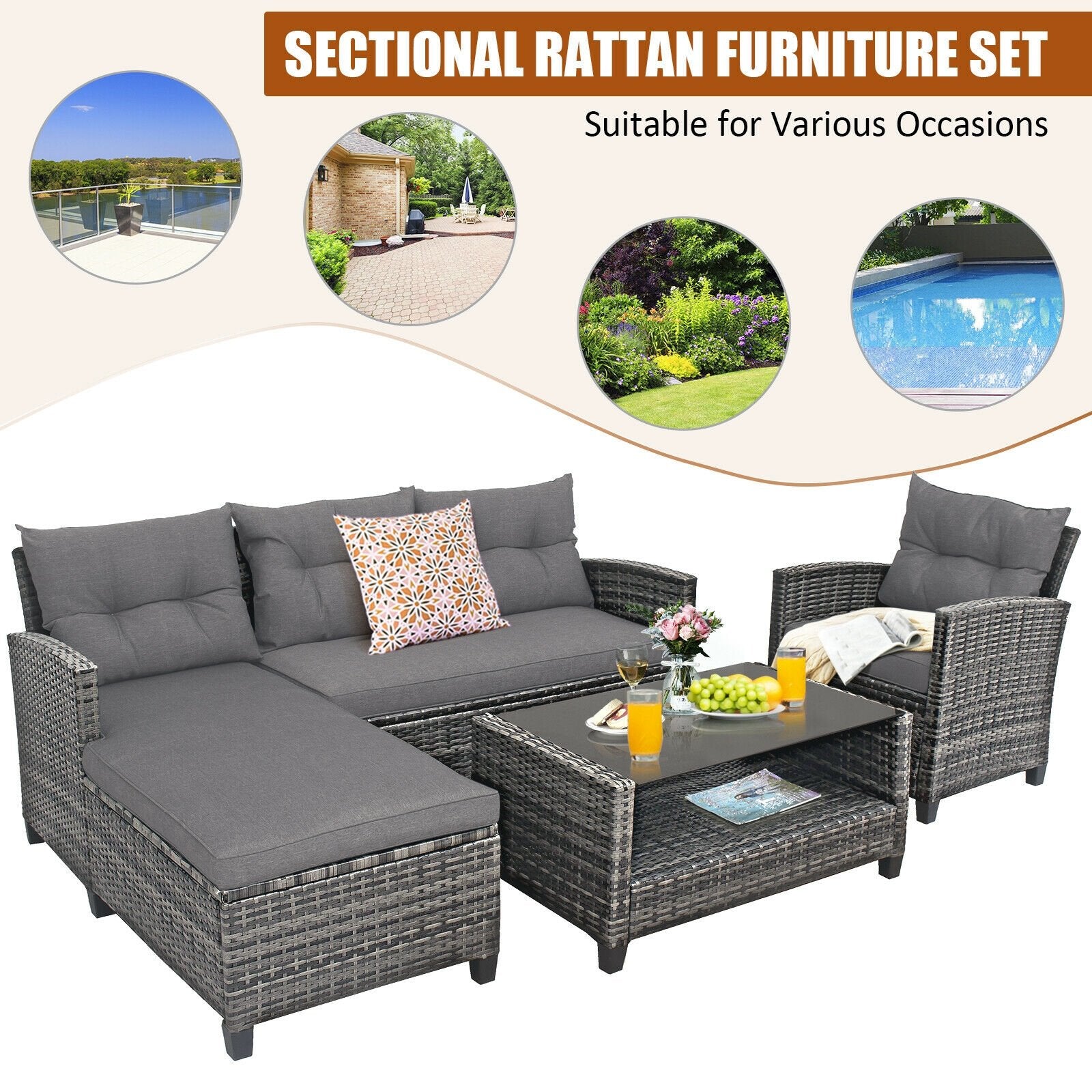 4 Pieces Patio Rattan Furniture Set with Cushion and Table Shelf, Gray Outdoor Sectionals   at Gallery Canada