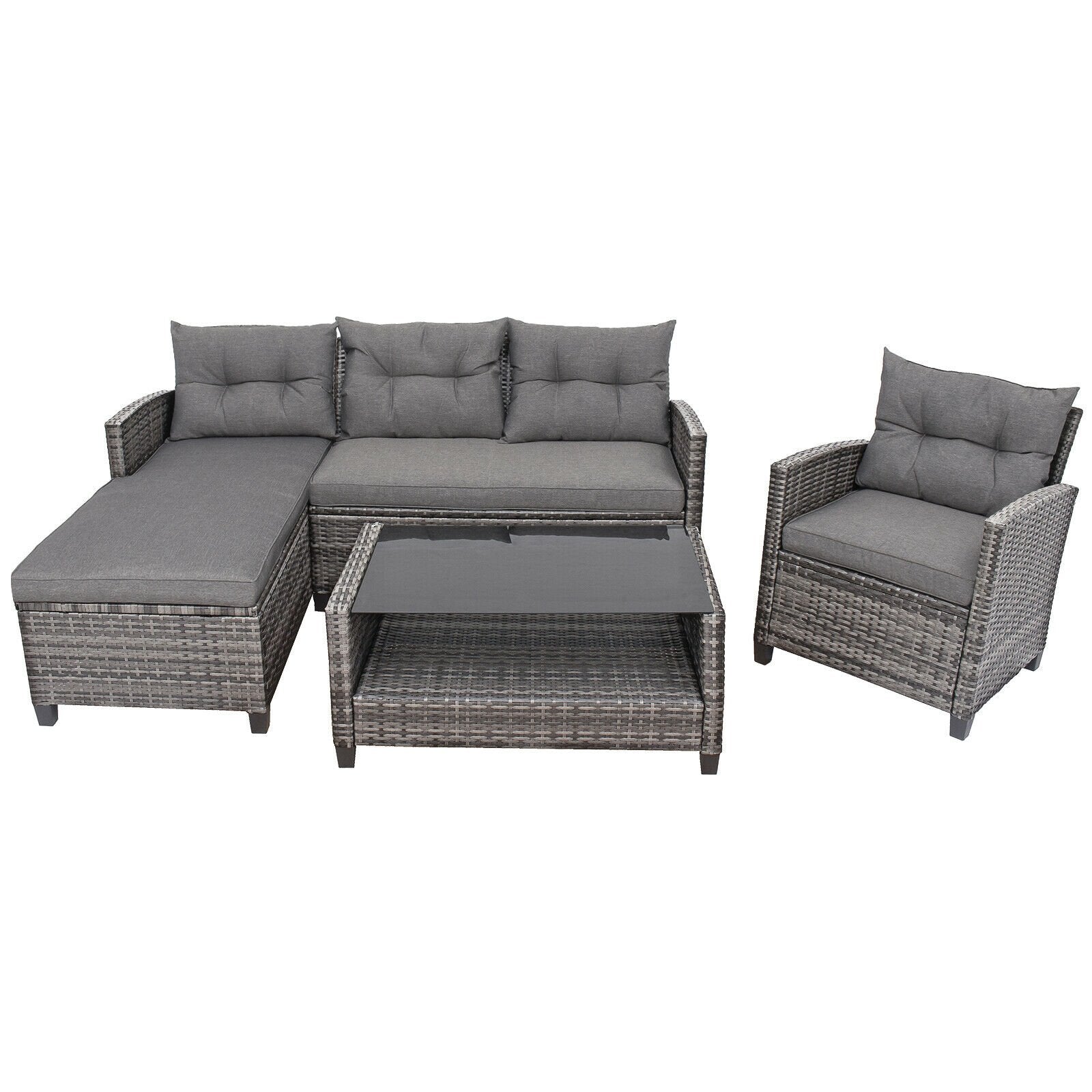 4 Pieces Patio Rattan Furniture Set with Cushion and Table Shelf, Gray Outdoor Sectionals   at Gallery Canada