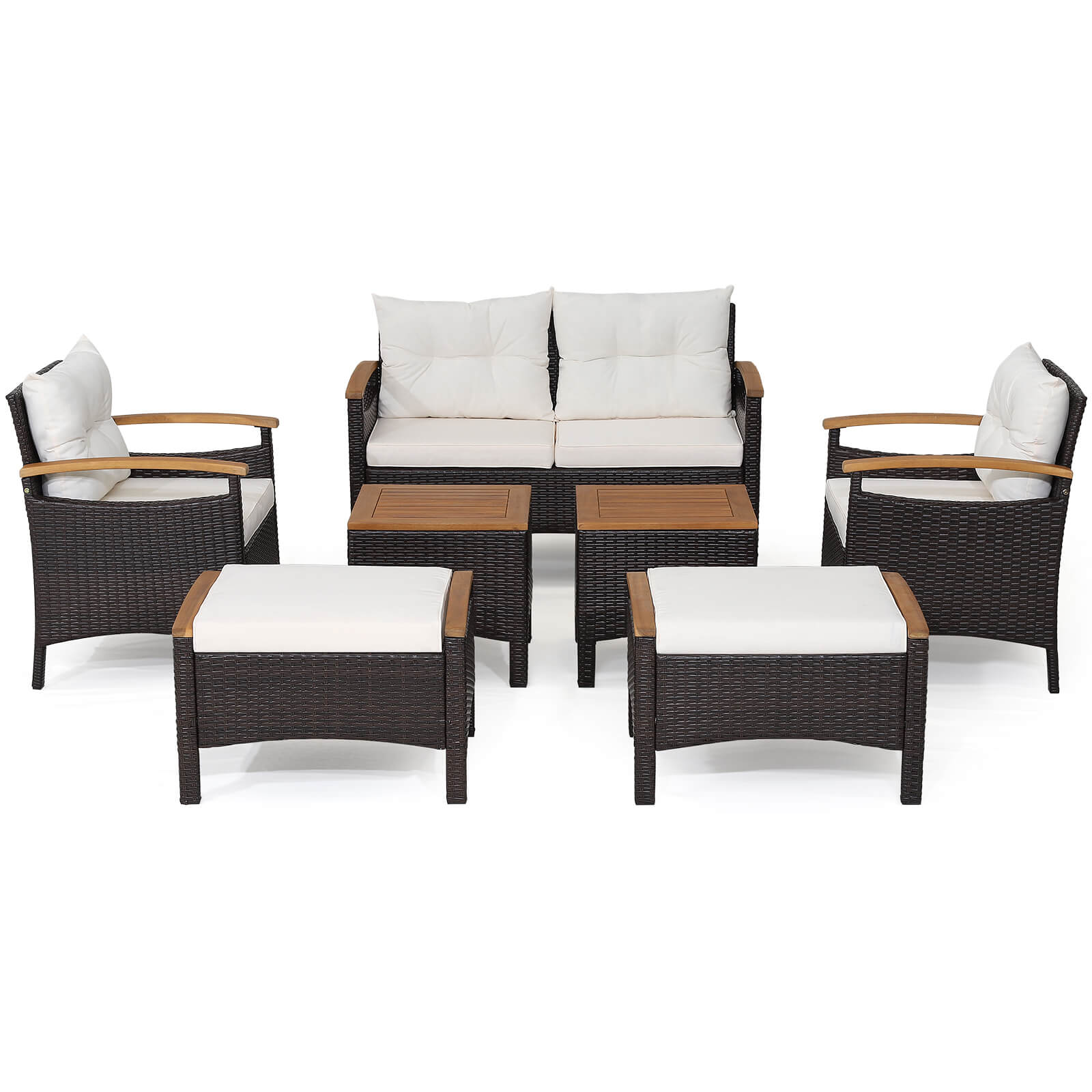 7 Piece Rattan Patio Sofa Set with Acacia Wood Tabletop and Armrests, Off White Patio Conversation Sets   at Gallery Canada