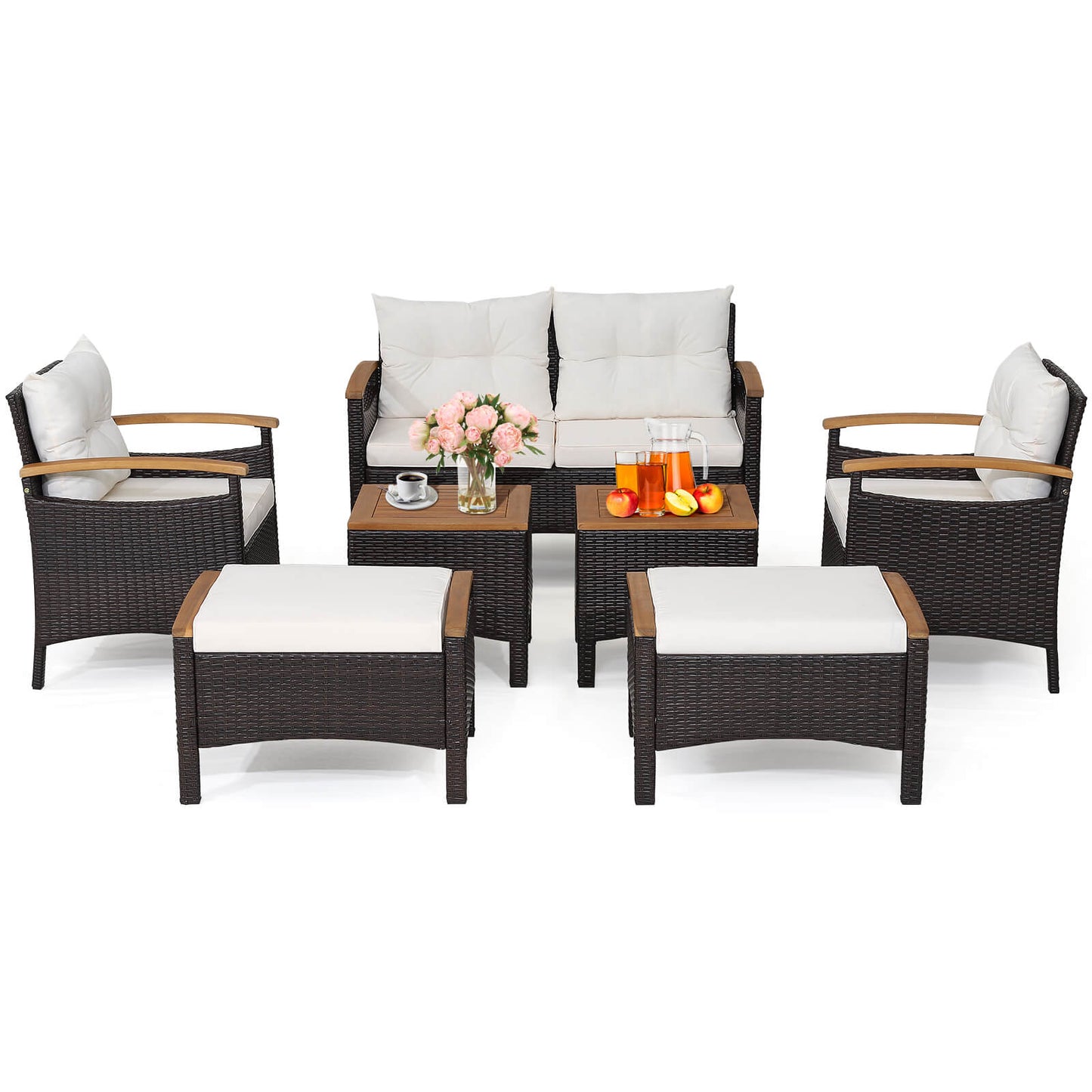 7 Piece Rattan Patio Sofa Set with Acacia Wood Tabletop and Armrests, Off White Patio Conversation Sets   at Gallery Canada