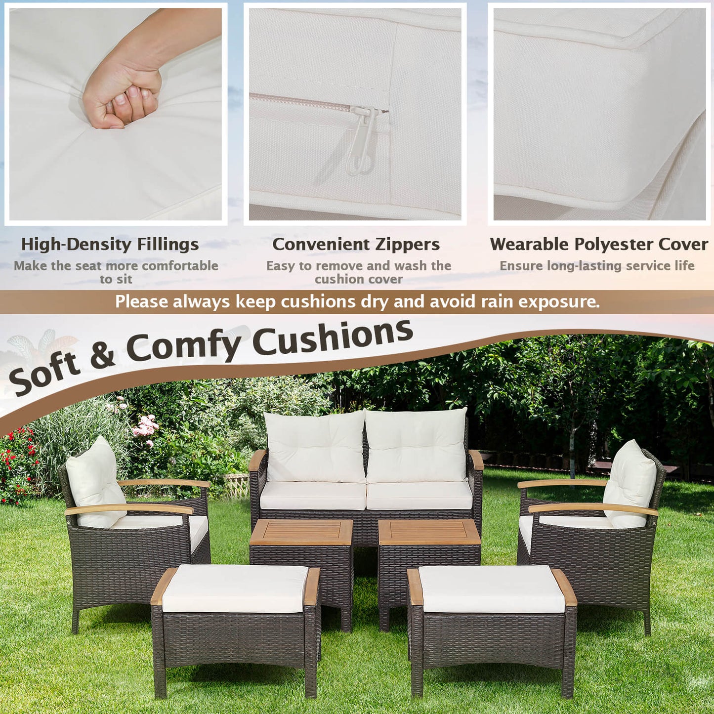 7 Piece Rattan Patio Sofa Set with Acacia Wood Tabletop and Armrests, Off White Patio Conversation Sets   at Gallery Canada