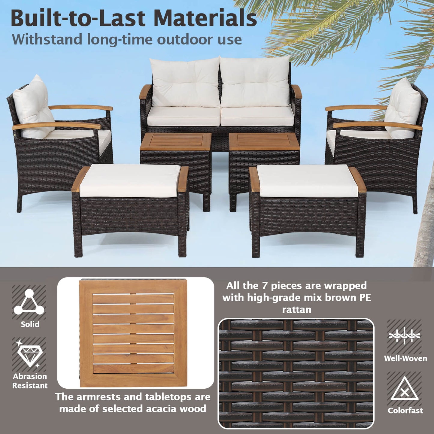 7 Piece Rattan Patio Sofa Set with Acacia Wood Tabletop and Armrests, Off White Patio Conversation Sets   at Gallery Canada