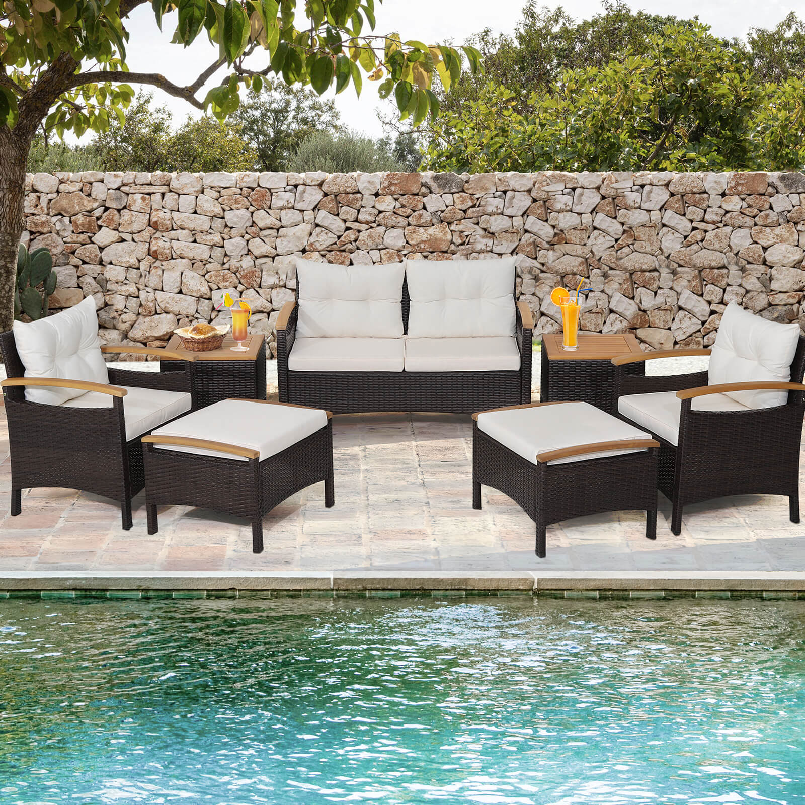 7 Piece Rattan Patio Sofa Set with Acacia Wood Tabletop and Armrests, Off White Patio Conversation Sets   at Gallery Canada