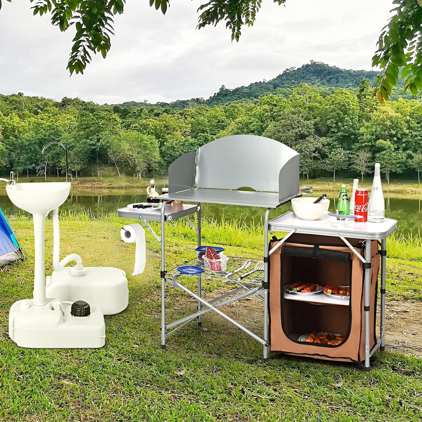 Foldable Outdoor BBQ Portable Grilling Table With Windscreen Bag, Brown Camping Furniture   at Gallery Canada