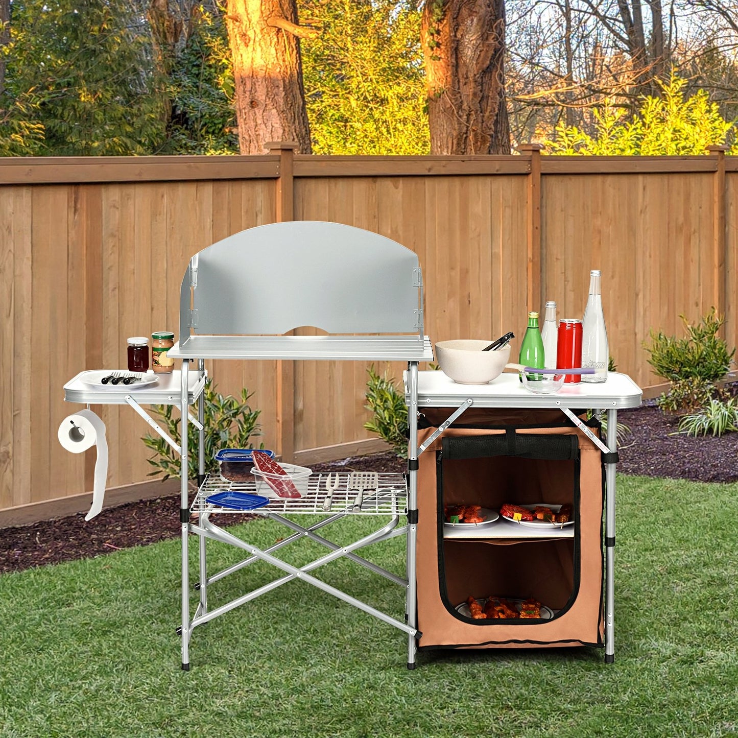 Foldable Outdoor BBQ Portable Grilling Table With Windscreen Bag, Brown Camping Furniture   at Gallery Canada