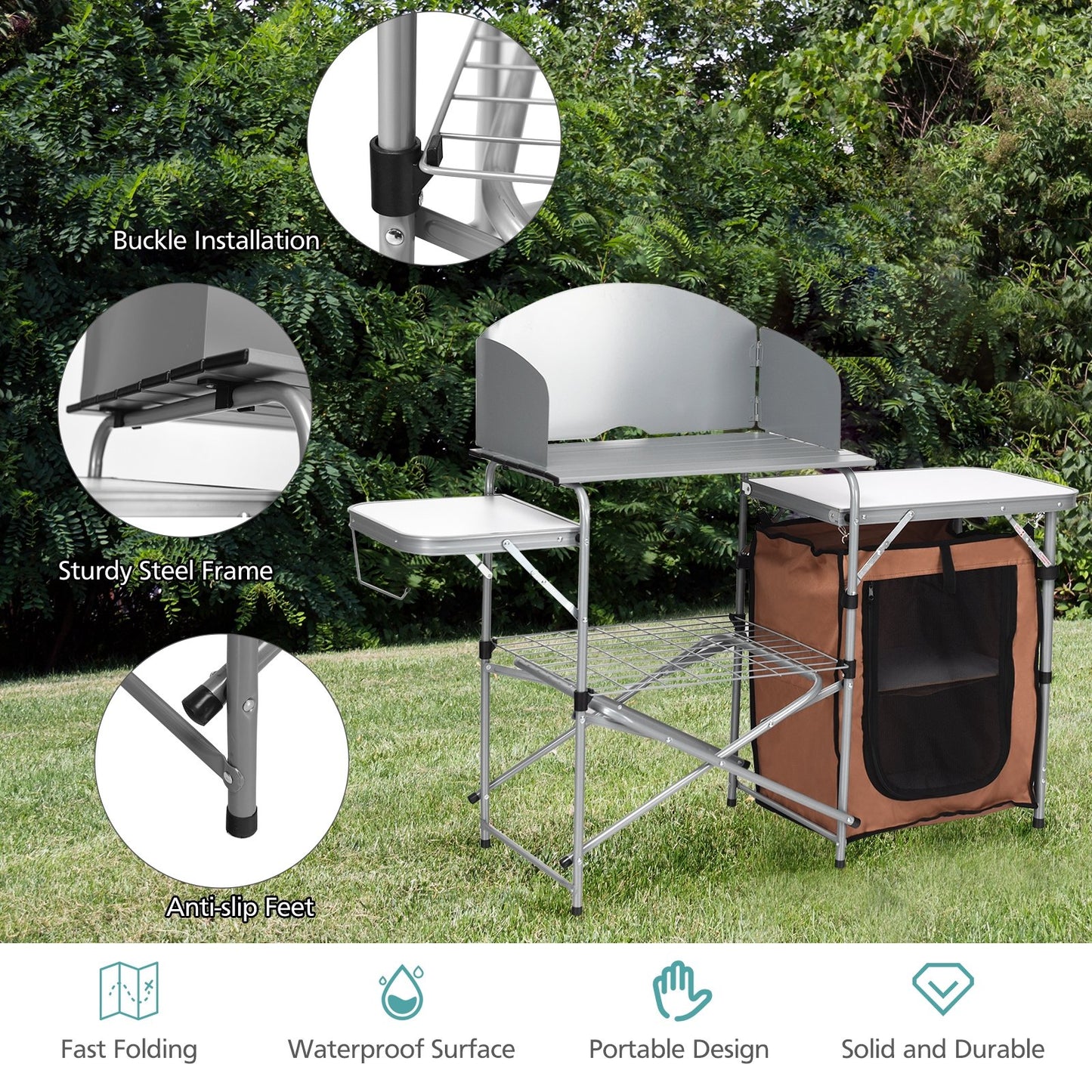 Foldable Outdoor BBQ Portable Grilling Table With Windscreen Bag, Brown Camping Furniture   at Gallery Canada