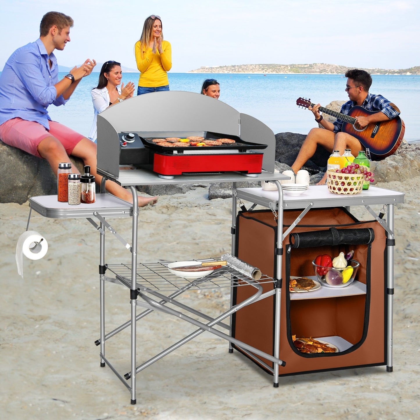 Foldable Outdoor BBQ Portable Grilling Table With Windscreen Bag, Brown - Gallery Canada