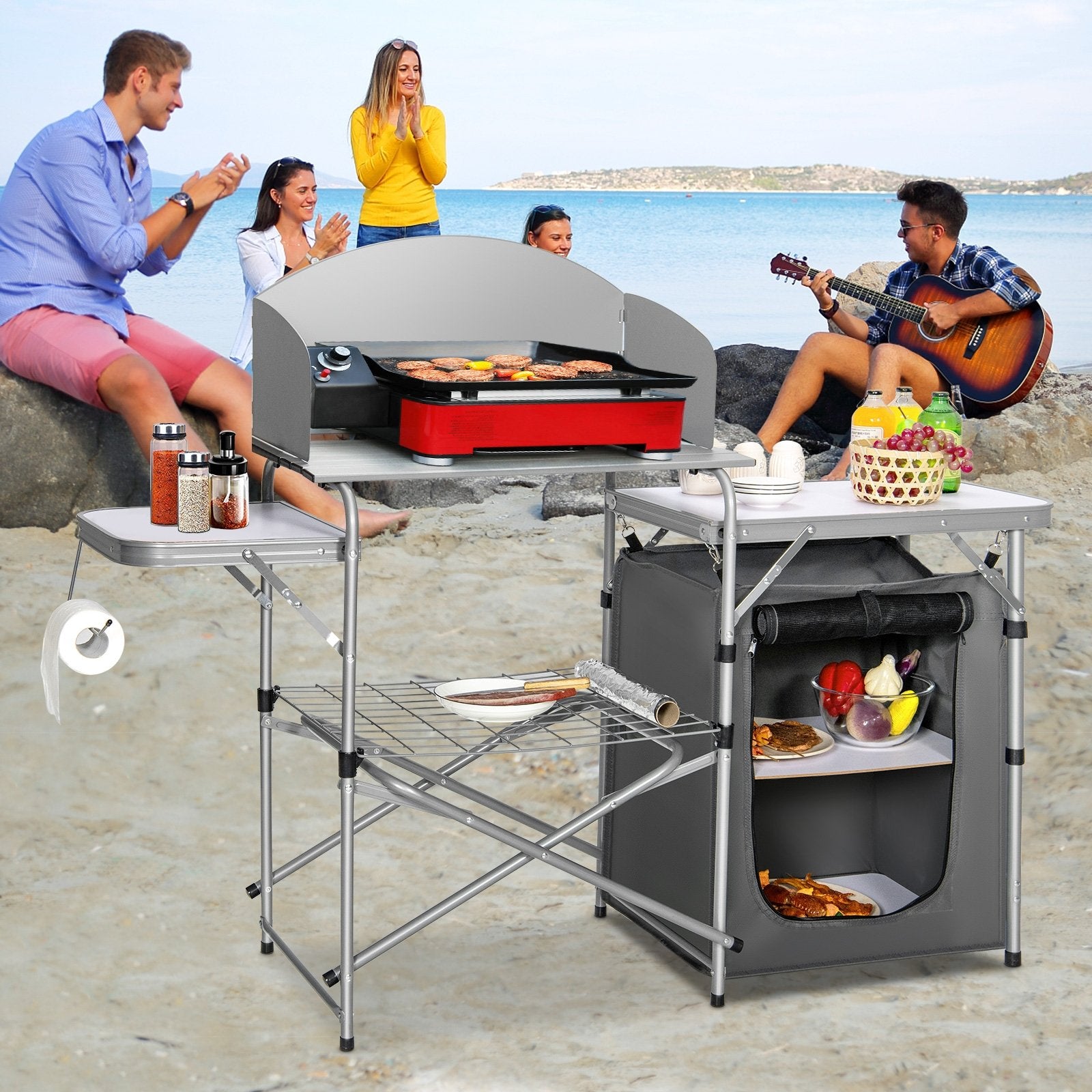 Foldable Outdoor BBQ Portable Grilling Table With Windscreen Bag, Gray Camping Furniture   at Gallery Canada