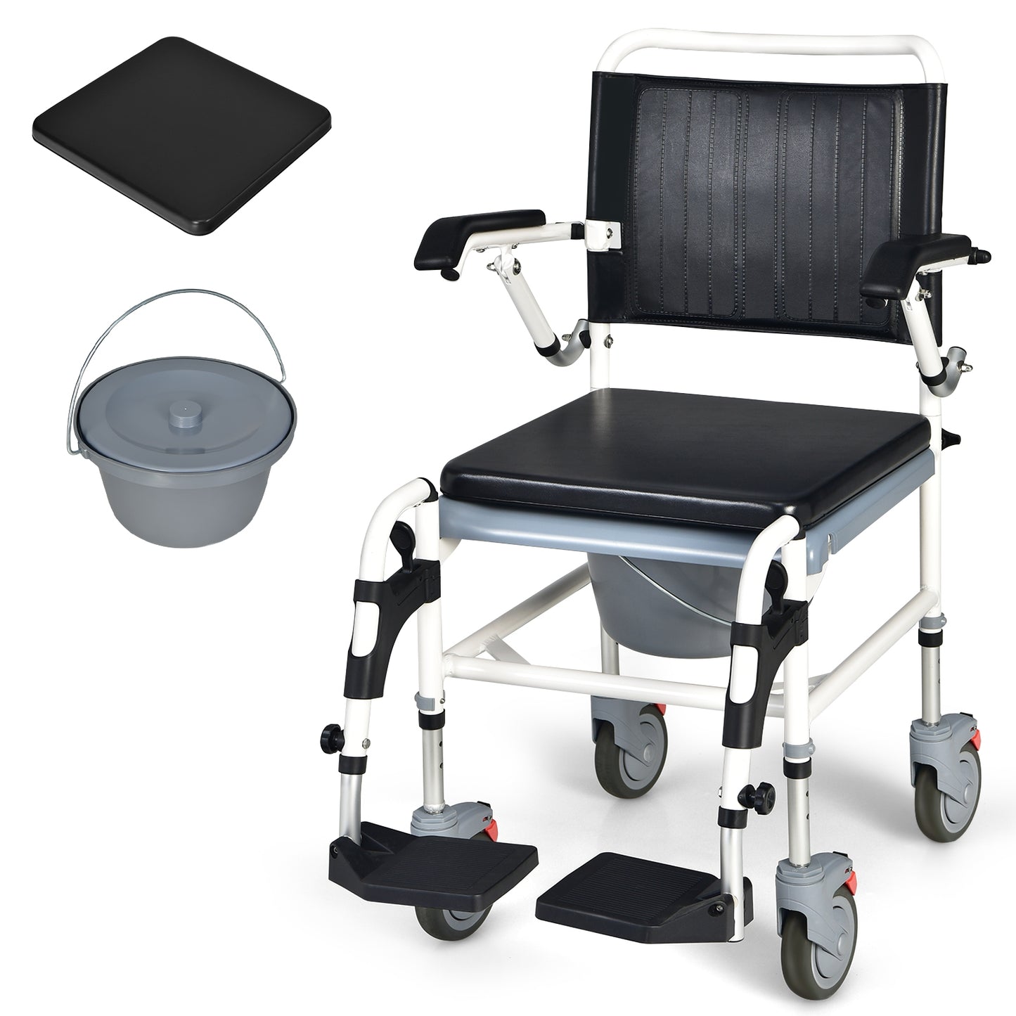 4-in-1 Bedside Commode Wheelchair with Detachable Bucket, Black & White Walkers & Rollators   at Gallery Canada