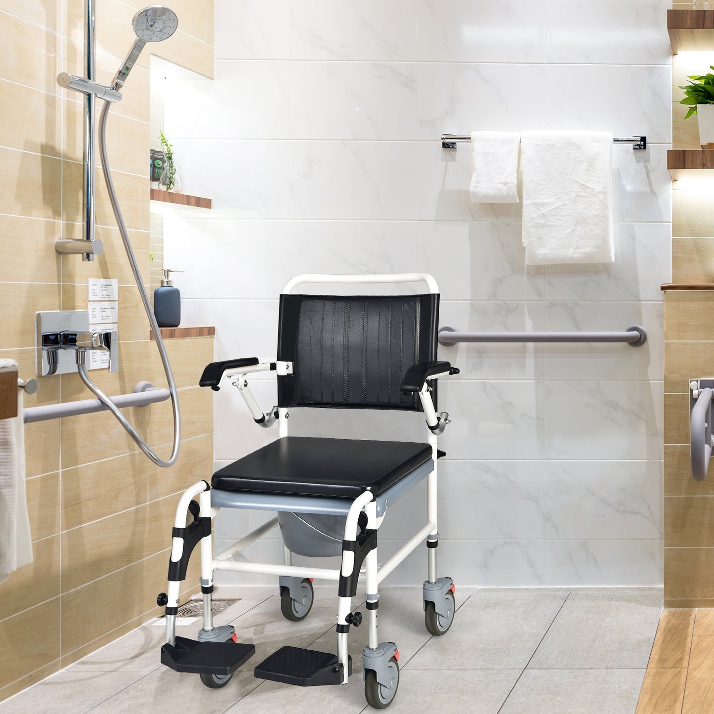 4-in-1 Bedside Commode Wheelchair with Detachable Bucket, Black & White Walkers & Rollators   at Gallery Canada