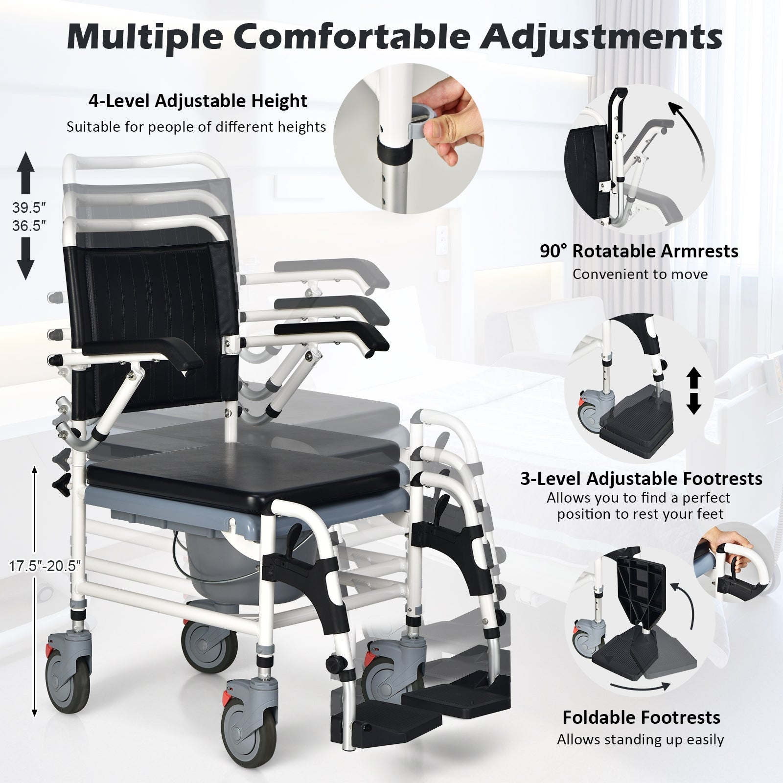 4-in-1 Bedside Commode Wheelchair with Detachable Bucket, Black & White Walkers & Rollators   at Gallery Canada