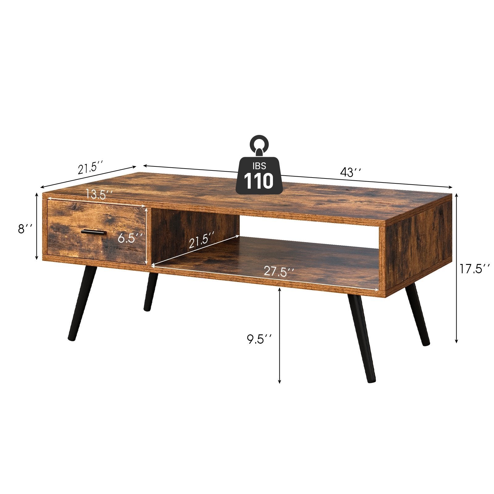 Retro Rectangular Coffee Table with Drawer and Storage Shelf, Brown Coffee Tables   at Gallery Canada