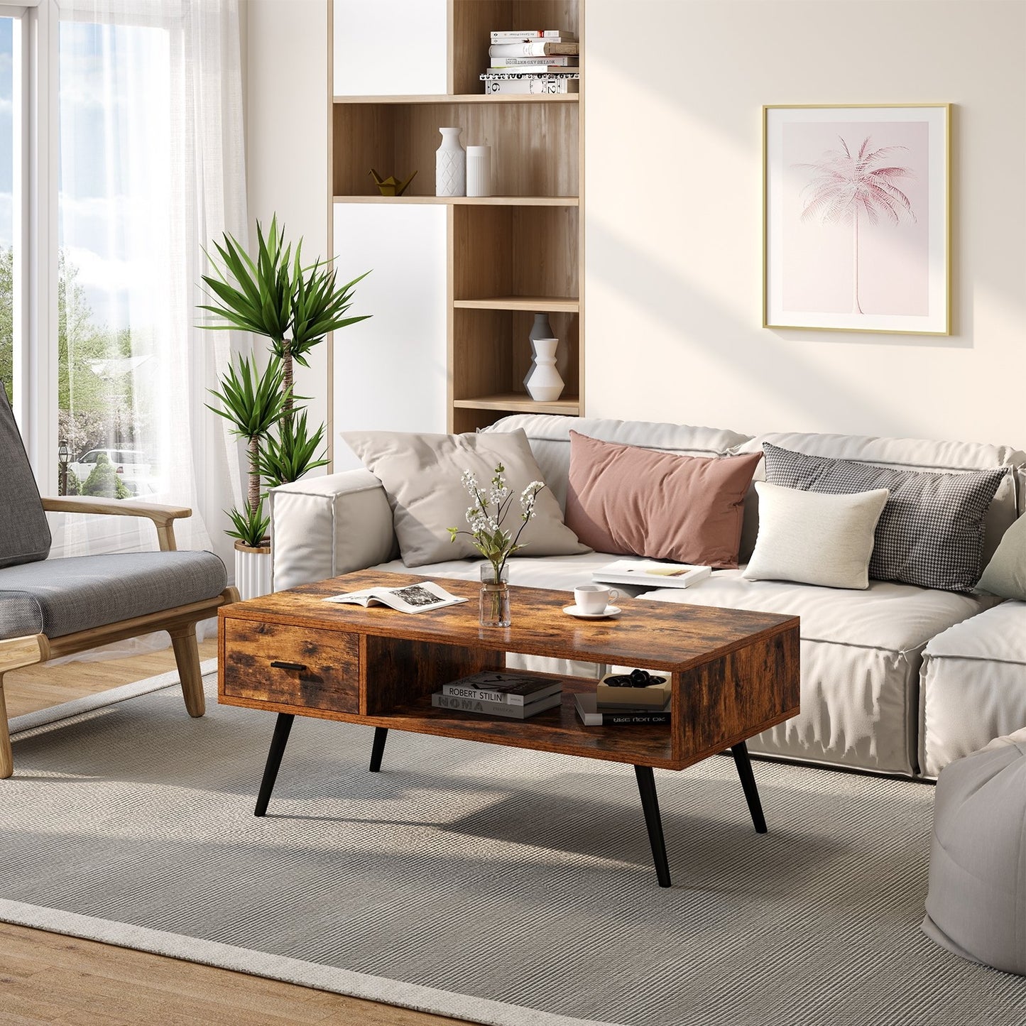 Retro Rectangular Coffee Table with Drawer and Storage Shelf, Brown Coffee Tables   at Gallery Canada