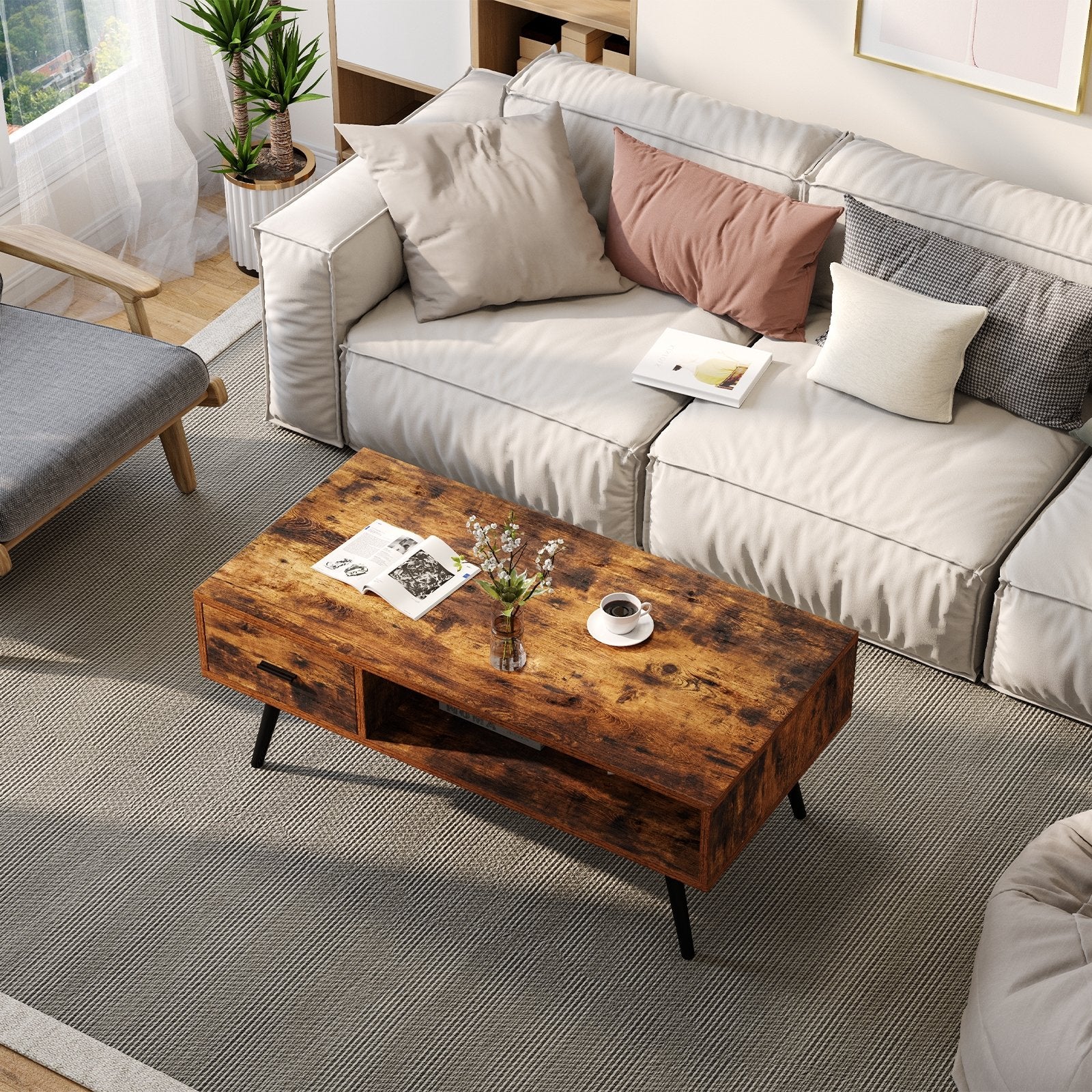 Retro Rectangular Coffee Table with Drawer and Storage Shelf, Brown Coffee Tables   at Gallery Canada