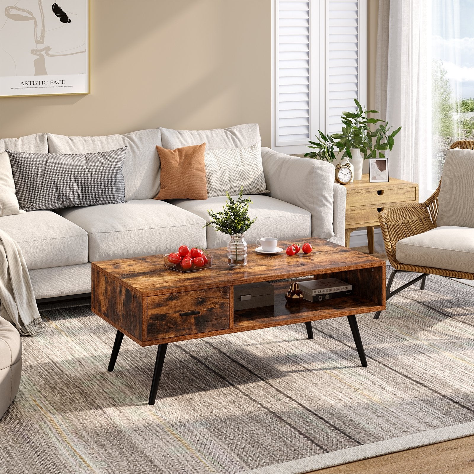 Retro Rectangular Coffee Table with Drawer and Storage Shelf, Brown Coffee Tables   at Gallery Canada