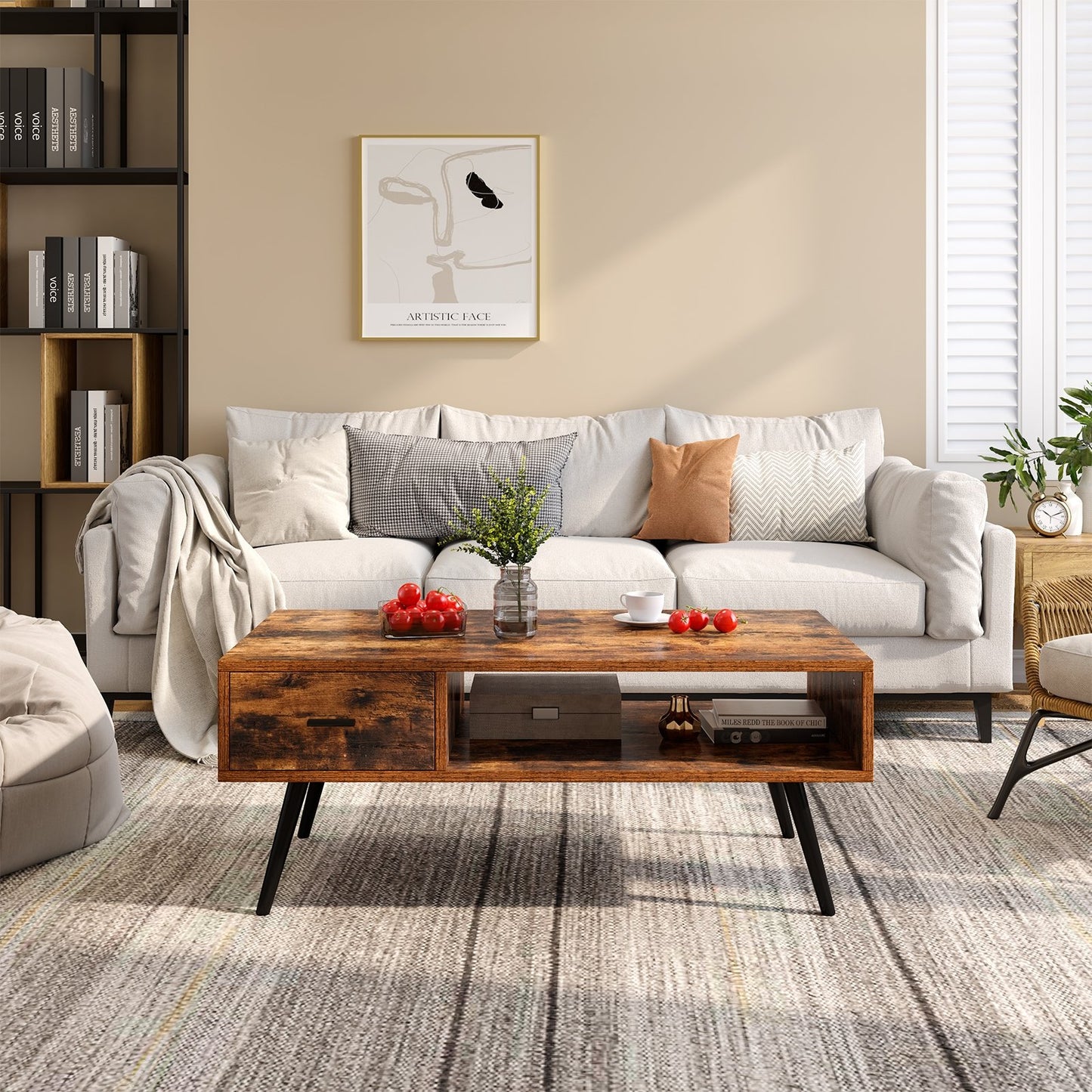 Retro Rectangular Coffee Table with Drawer and Storage Shelf, Brown Coffee Tables   at Gallery Canada