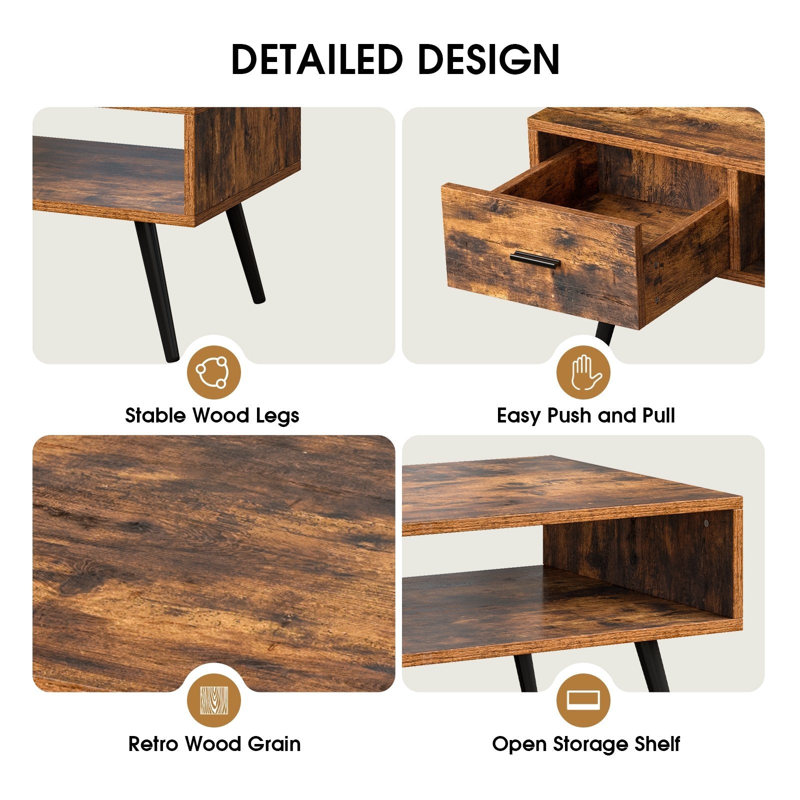 Retro Rectangular Coffee Table with Drawer and Storage Shelf, Brown Coffee Tables   at Gallery Canada