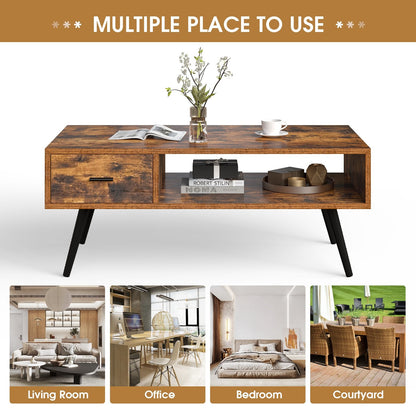 Retro Rectangular Coffee Table with Drawer and Storage Shelf, Brown Coffee Tables   at Gallery Canada