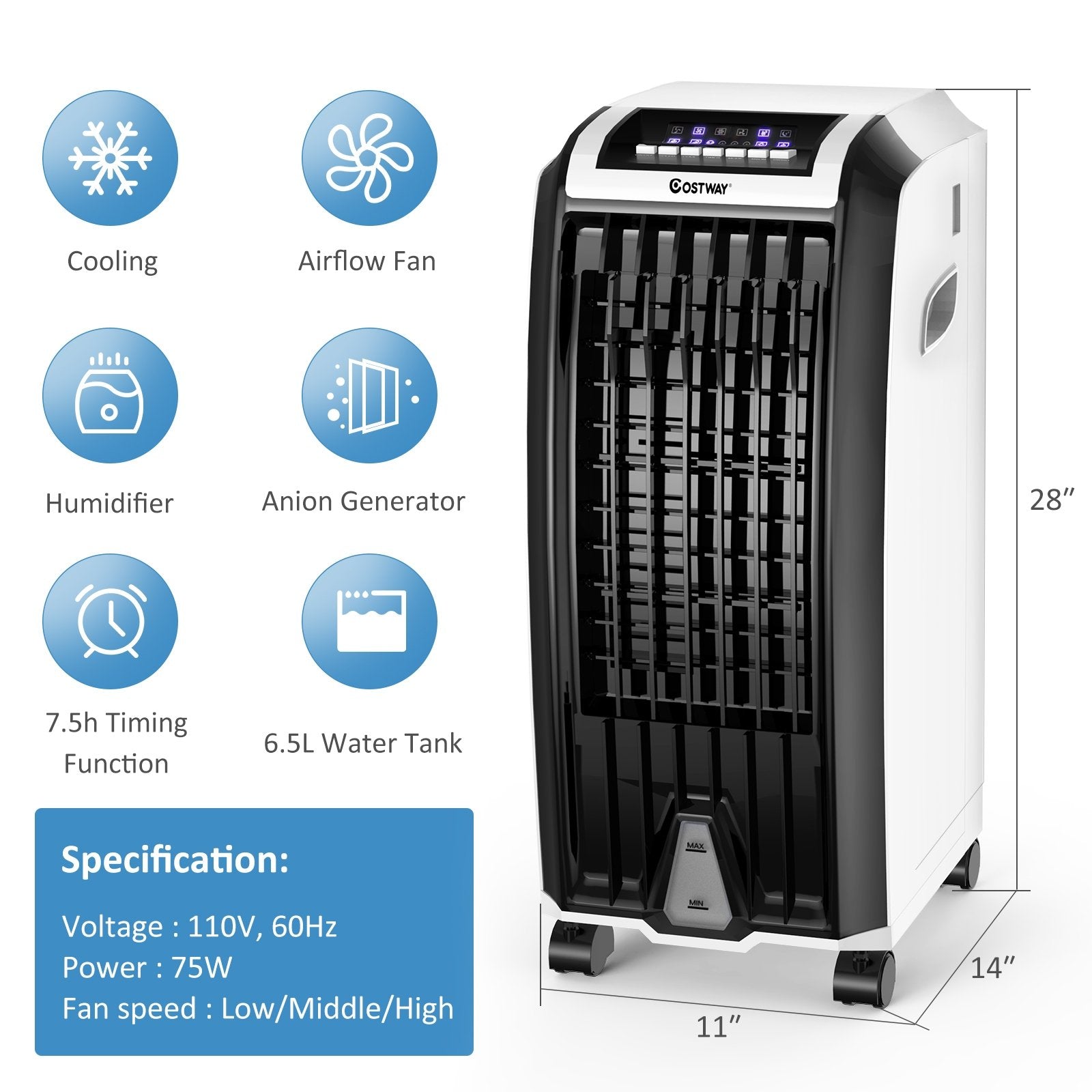 Portable Evaporative Air Cooler with 3 Wind Modes and Timer for Home Office Air Coolers at Gallery Canada