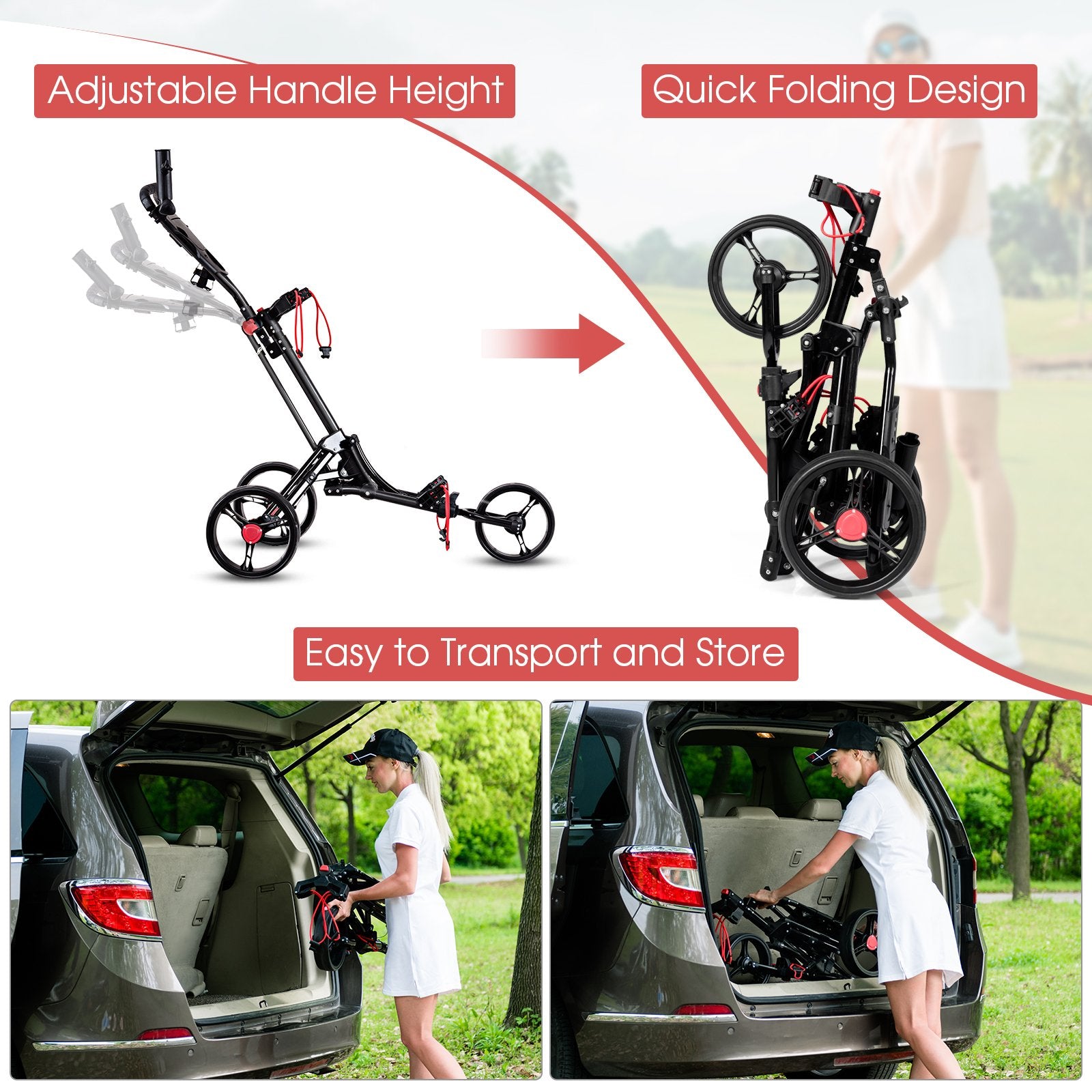 Foldable 3 Wheel Golf Pull Push Cart Trolley, Black Golf   at Gallery Canada