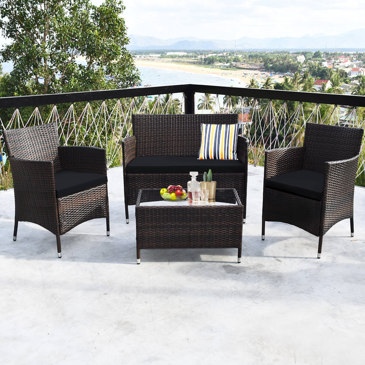 4 Pieces Rattan Sofa Set with Glass Table and Comfortable Wicker for Outdoor Patio, Black Patio Conversation Sets   at Gallery Canada