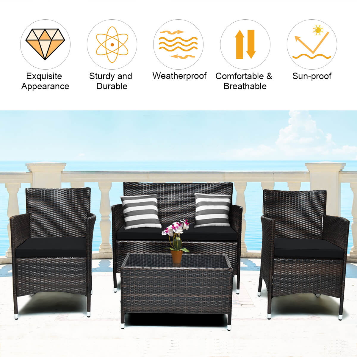 4 Pieces Rattan Sofa Set with Glass Table and Comfortable Wicker for Outdoor Patio, Black Patio Conversation Sets   at Gallery Canada