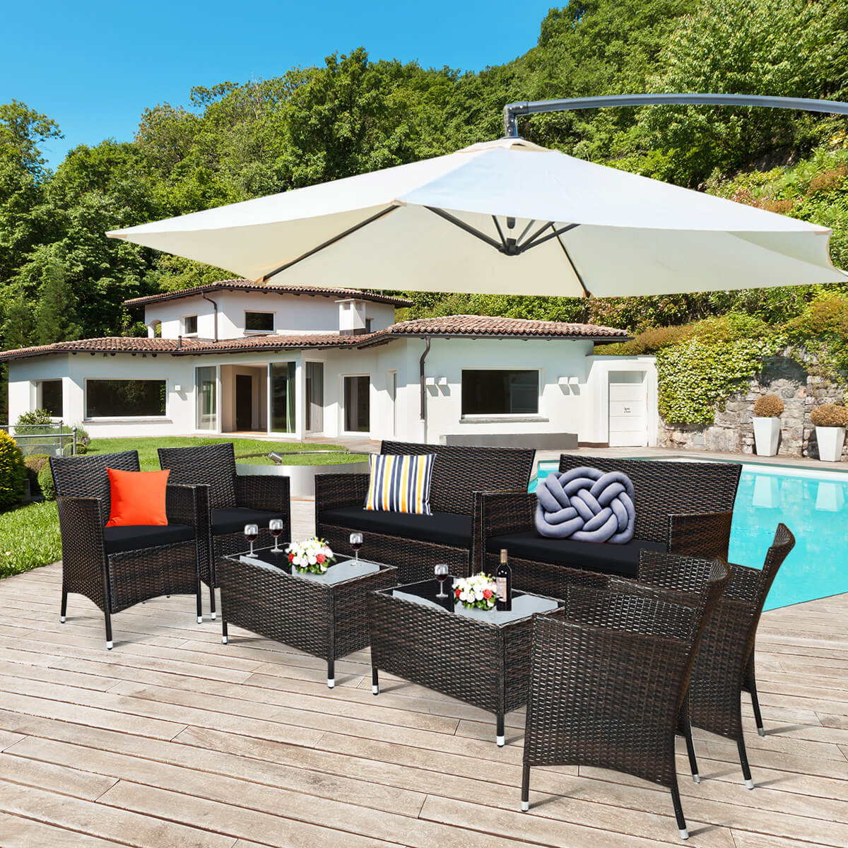 4 Pieces Rattan Sofa Set with Glass Table and Comfortable Wicker for Outdoor Patio, Black Patio Conversation Sets   at Gallery Canada