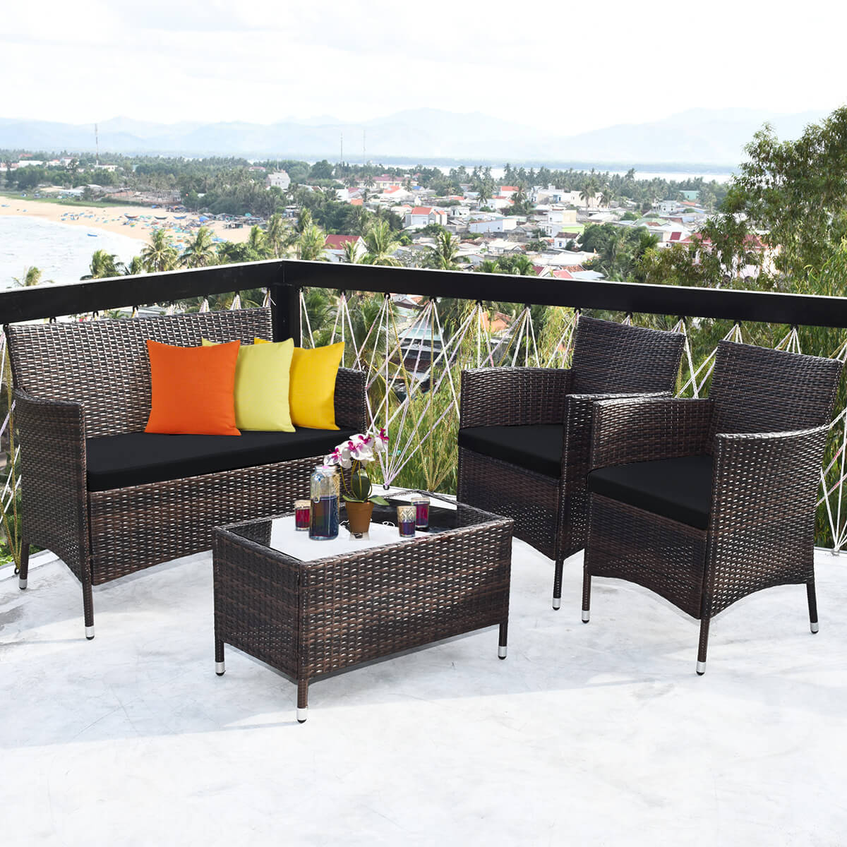 4 Pieces Rattan Sofa Set with Glass Table and Comfortable Wicker for Outdoor Patio, Black Patio Conversation Sets   at Gallery Canada