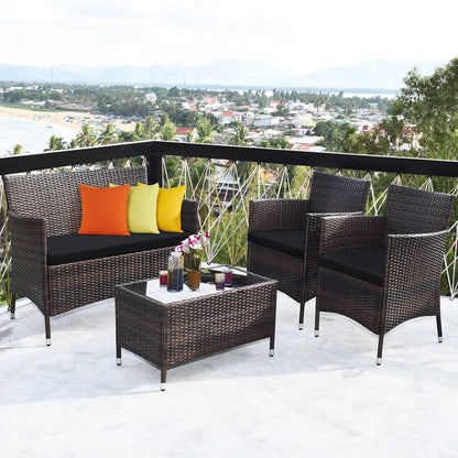 4 Pieces Rattan Sofa Set with Glass Table and Comfortable Wicker for Outdoor Patio, Black Patio Conversation Sets   at Gallery Canada