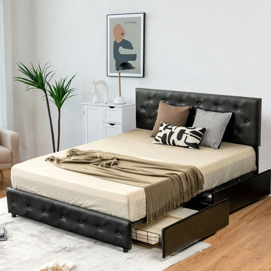 Full/Queen PU Leather Upholstered Platform Bed with 4 Drawers-Queen Size - Gallery Canada