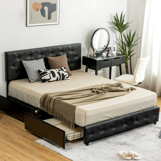 Full/Queen PU Leather Upholstered Platform Bed with 4 Drawers-Full Size - Gallery Canada
