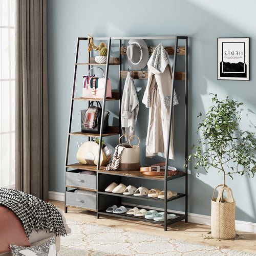 6-in-1 Freestanding Hall Tree Coat Rack with Bench and Fabric Dressers, Rustic Brown