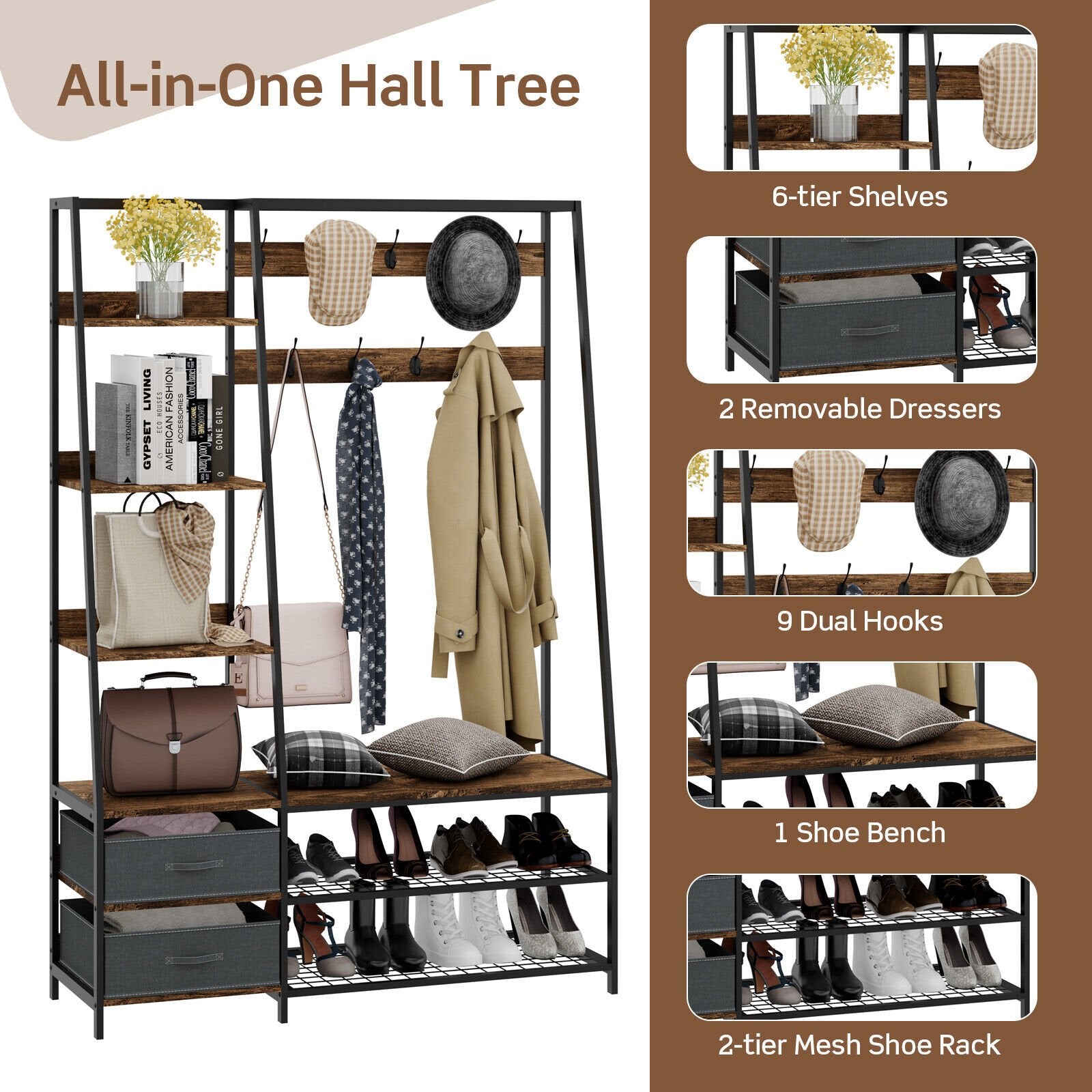 6-in-1 Freestanding Hall Tree Coat Rack with Bench and Fabric Dressers, Rustic Brown Clothing & Closet Storage   at Gallery Canada