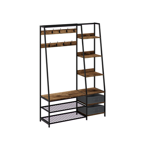 6-in-1 Freestanding Hall Tree Coat Rack with Bench and Fabric Dressers, Rustic Brown