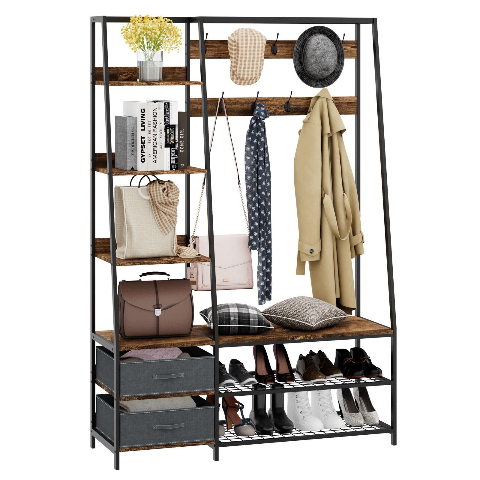 6-in-1 Freestanding Hall Tree Coat Rack with Bench and Fabric Dressers, Rustic Brown Clothing & Closet Storage   at Gallery Canada
