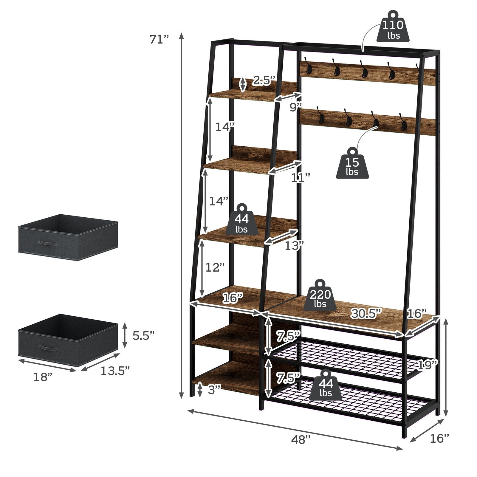 6-in-1 Freestanding Hall Tree Coat Rack with Bench and Fabric Dressers, Rustic Brown Clothing & Closet Storage   at Gallery Canada