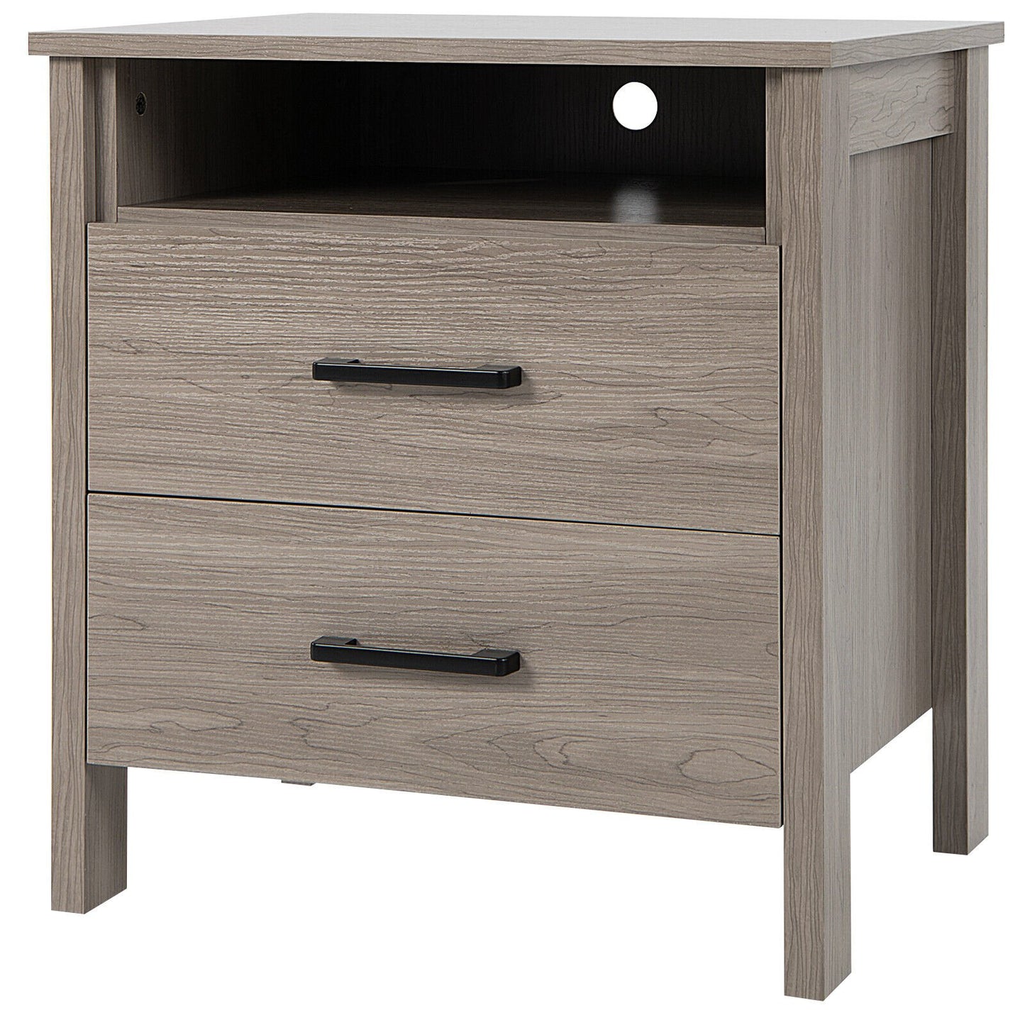 Modern Wood Grain Nightstand with Cable Hole and Open Compartment, Natural Nightstands   at Gallery Canada