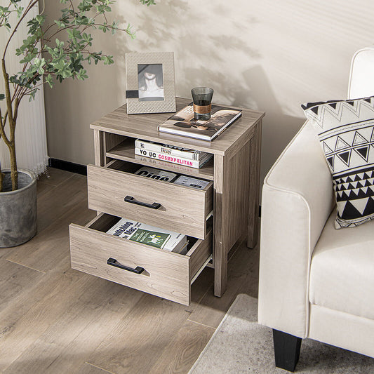 Modern Wood Grain Nightstand with Cable Hole and Open Compartment, Natural Nightstands   at Gallery Canada