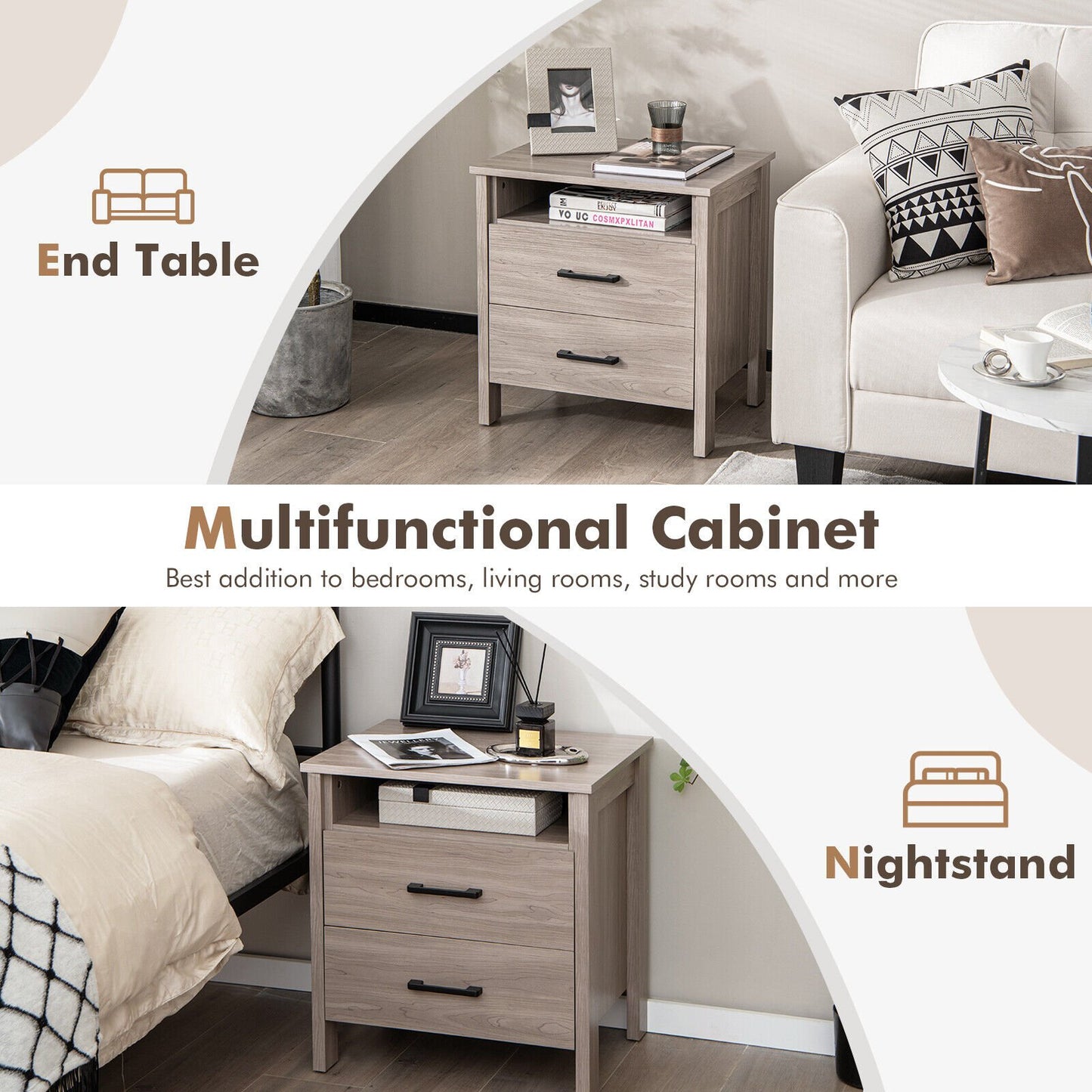 Modern Wood Grain Nightstand with Cable Hole and Open Compartment, Natural - Gallery Canada